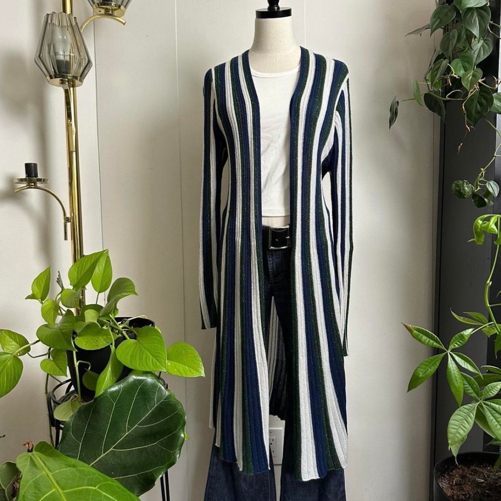 INC International Concepts Striped Maxi Duster Cardigan Navy Green Sparkly L